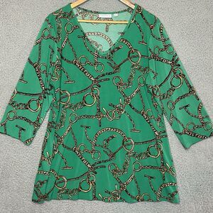 Susan Graver Liquid Knit Equestrian Green Tunic Top Size L Gold Chain Old Money